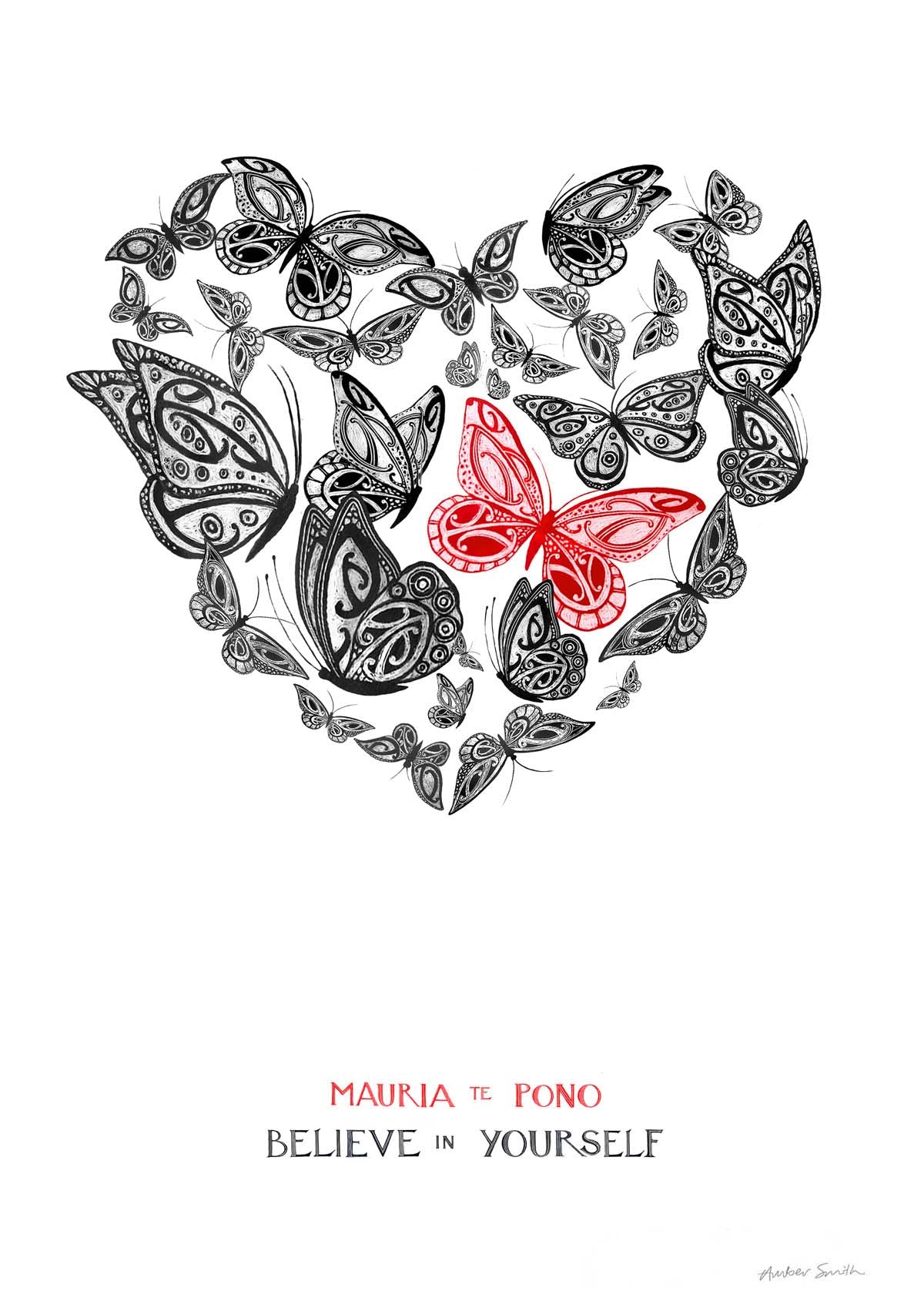 Heart-shaped arrangement of butterflies with a red butterfly in the center on a white background. the words believe in yourself, mauria te pono