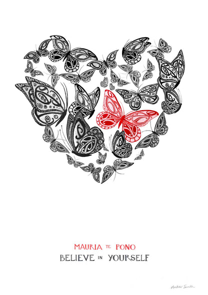 Heart-shaped arrangement of butterflies with a red butterfly in the center on a white background. the words believe in yourself, mauria te pono