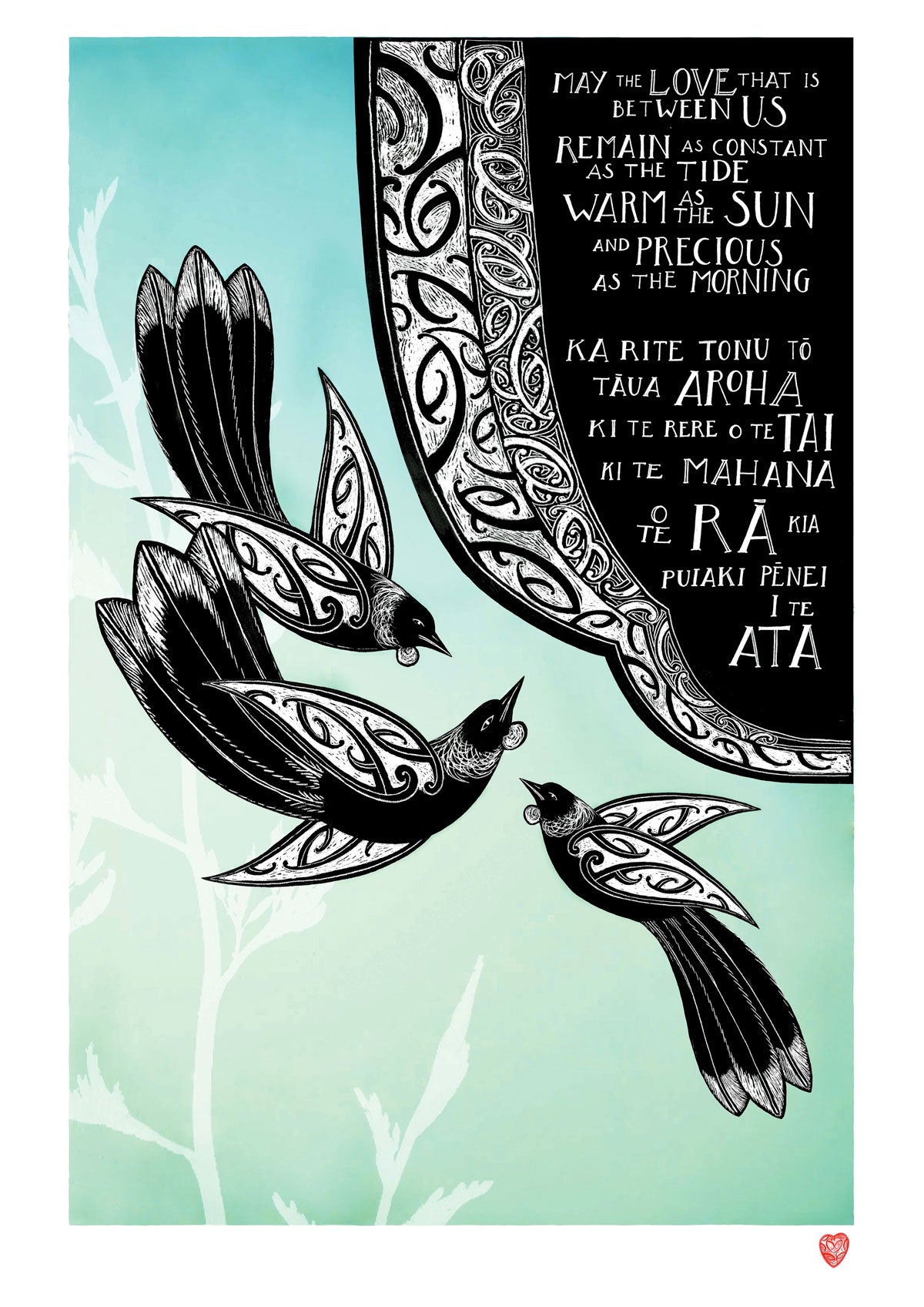 May the Love nz art print. Maori art design tui birds and the words May the love that is between us remain as constant as the tide, as warm as the sun, and as precious as the morning in te reo maori and english translation. A blessing karakia print by Amber Smith New Zealand artist