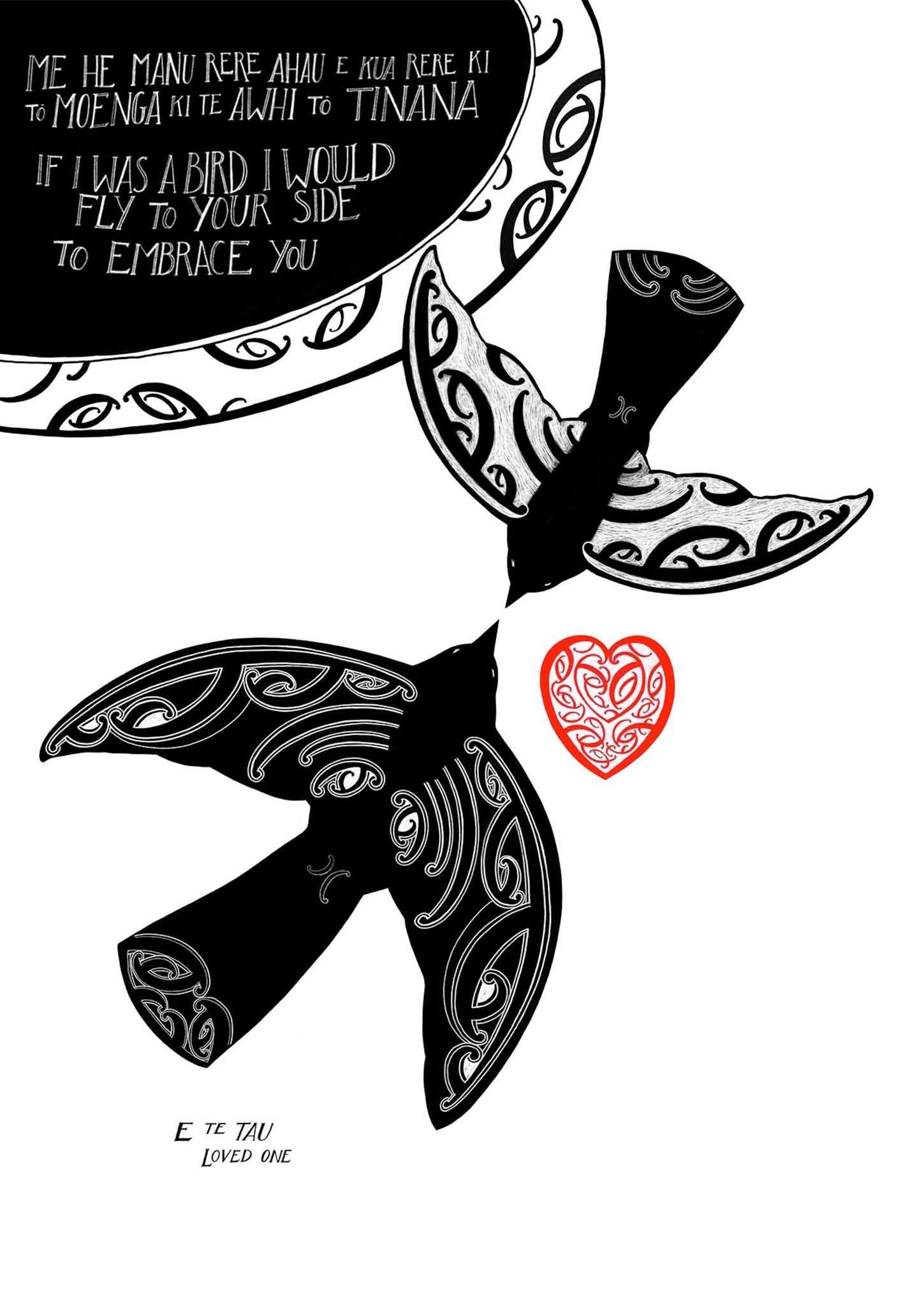 Me he manu rere print with maori art design birds and aroha love heart. The words 'If I was a bird I would fly to your side to embrace you' in te reo maori and english translation. A limited edition nz print by Amber Smith