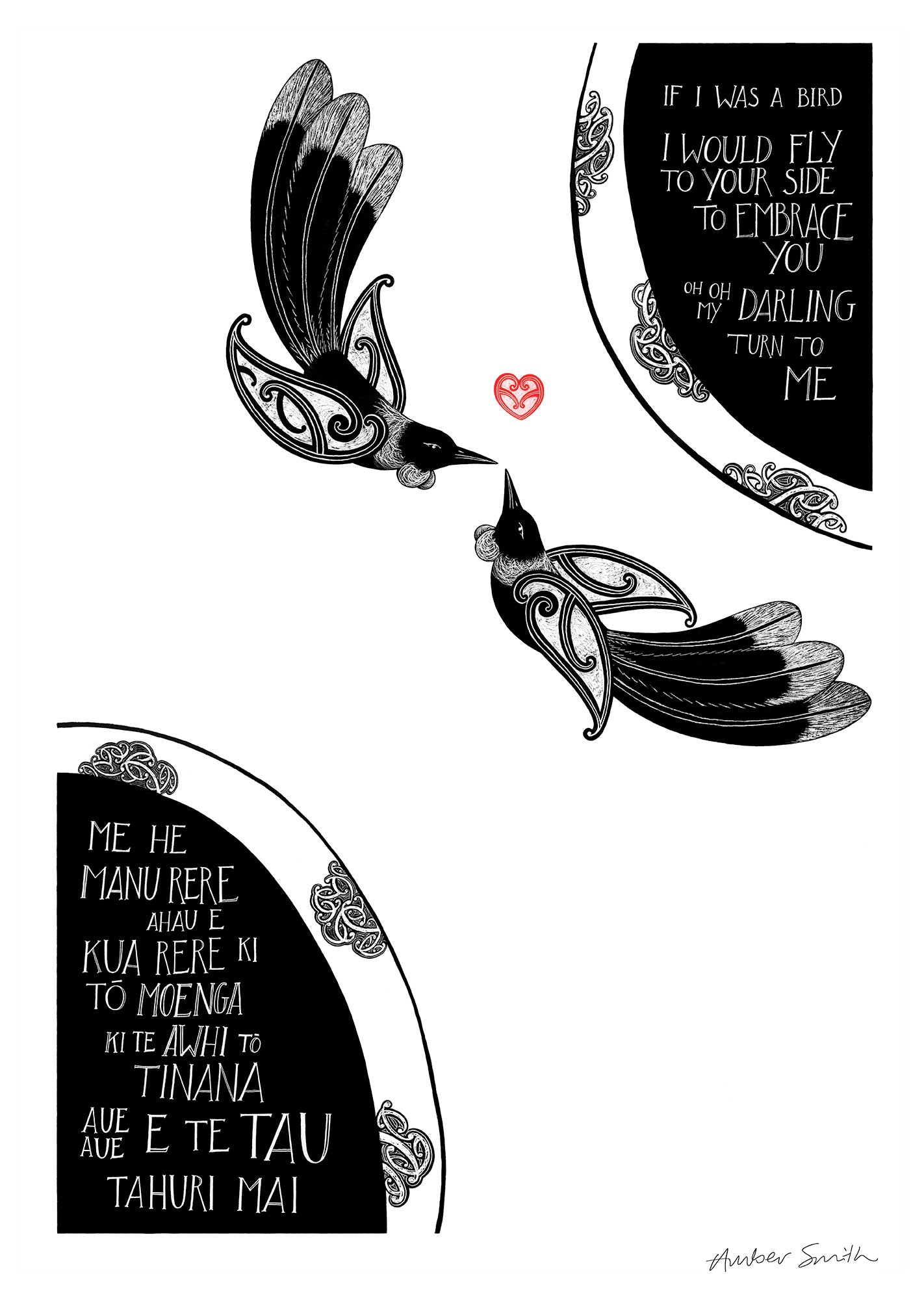 Te reo Māori love waiata print Me He Manu Rere with tui birds in black and white