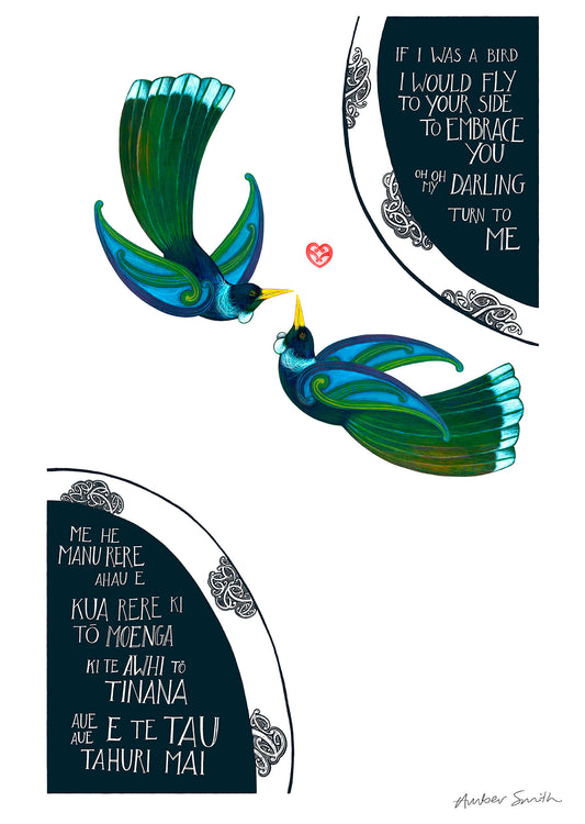 Hand-painted colour tui birds art print with Me He Manu Rere romantic waiata