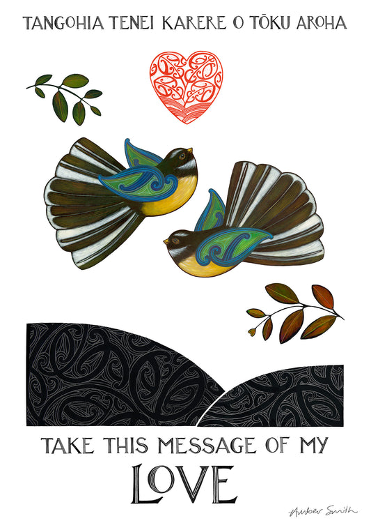 Two fantails with a red heart, flying across kowhaiwhai patterned hills — Māori love art print