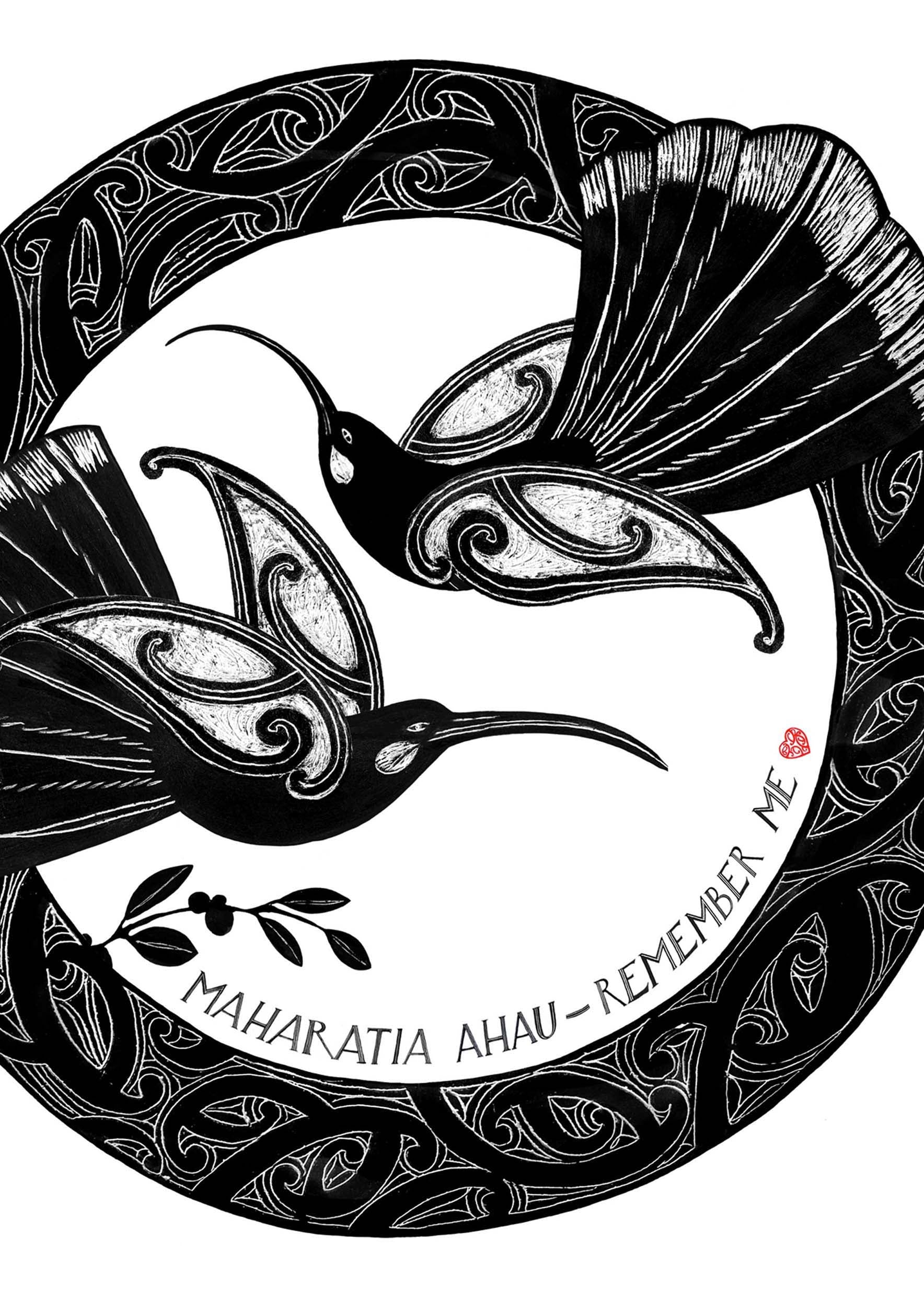 Detail of a small art print with Huia birds flying within a kowhaiowhai maori art circle with the words remember me in te reo and english by nz artist Amber Smith