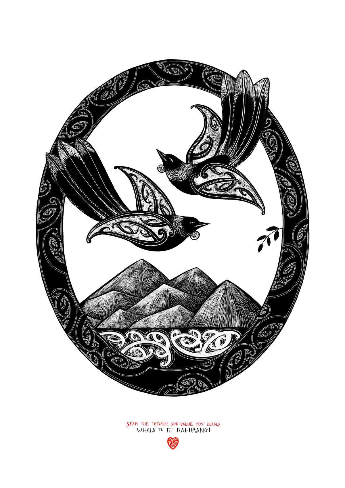 Tui art print with maori design birds and sea. Te reo maori with english translation, whaia te iti kahurangi - seek the treasure you value most dearly. Limited edition nz art print by Amber Smith
