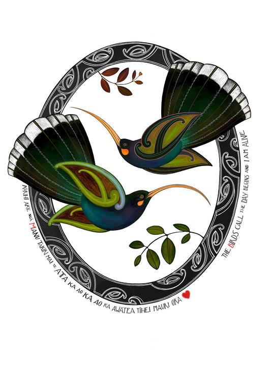 New Zealand huia bird art print, Tūmanako – Hope, featuring two huia taking flight into the light of a new dawn, with a te reo Māori karakia about the birds calling and the day beginning.