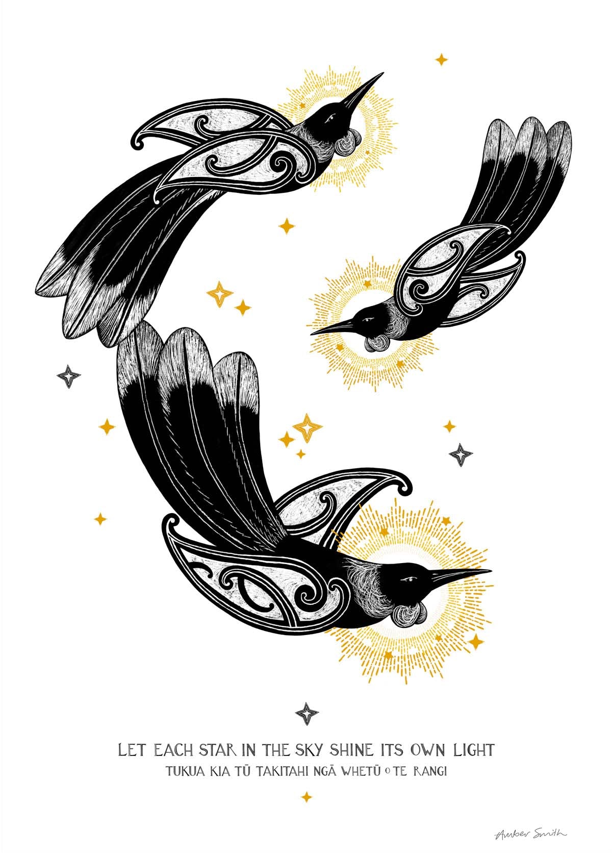 Three tui shining like stars, surrounded by golden rays, with the whakataukī Tukua kia tū takitahi ngā whetū o te rangi beneath, symbolising individuality and the beauty of diversity.