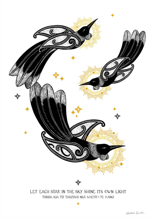 Three tui shining like stars, surrounded by golden rays, with the whakataukī Tukua kia tū takitahi ngā whetū o te rangi beneath, symbolising individuality and the beauty of diversity.