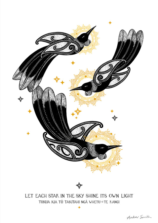 Three tui shining like stars, surrounded by golden rays, with the whakataukī Tukua kia tū takitahi ngā whetū o te rangi beneath, symbolising individuality and the beauty of diversity.