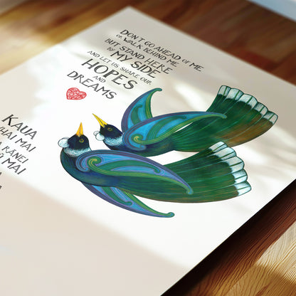 Our Hopes and Dreams New Zealand tūī love art print for couples, featuring two tūī flying side by side and a blessing in te reo Māori and English. A wedding or anniversary gift celebrating love, partnership and a shared future.