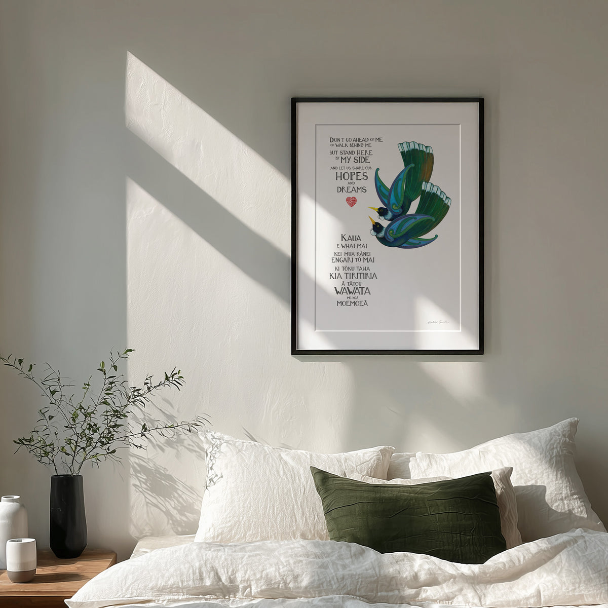 Our Hopes and Dreams New Zealand tūī love art print for couples, featuring two tūī flying side by side and a blessing in te reo Māori and English. A wedding or anniversary gift celebrating love, partnership and a shared future. Framed in bedroom setting