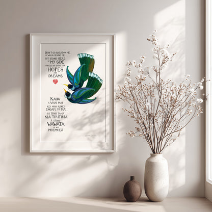 Our Hopes and Dreams New Zealand tūī love art print for couples, featuring two tūī flying side by side and a blessing in te reo Māori and English. A wedding or anniversary gift celebrating love, partnership and a shared future. White frame