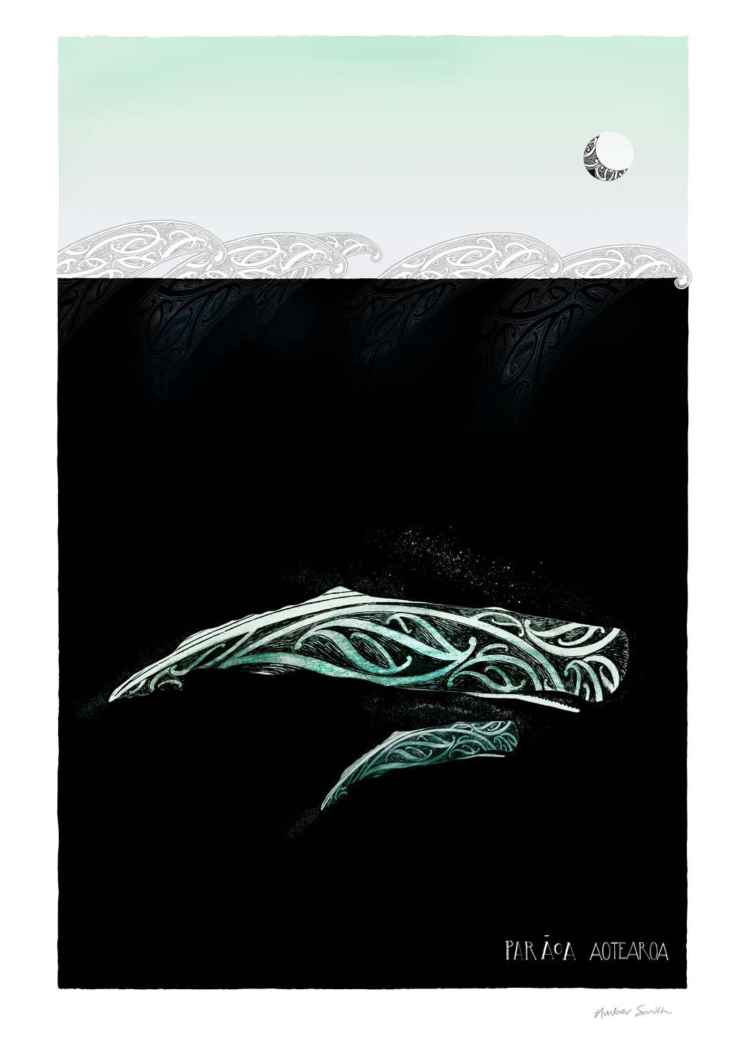 Paraoa whale print, mother whale with calf with maori style decorative elements