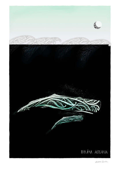 Paraoa whale print, mother whale with calf with maori style decorative elements