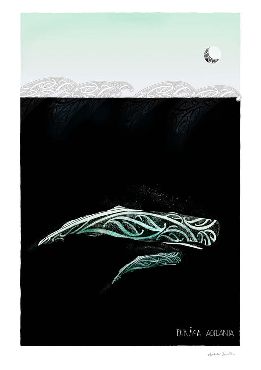 Paraoa whale print, mother whale with calf with maori style decorative elements