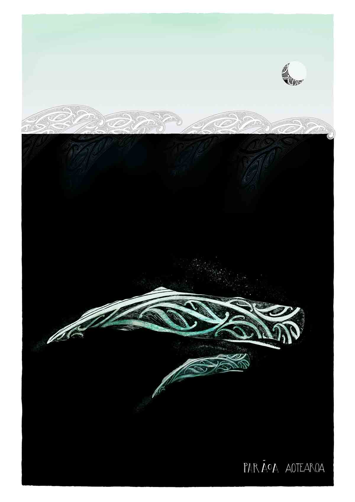 Parāoa whale print with maori art design new zealand whale and calf with te reo maori. Limited edition nz art print by Amber Smith