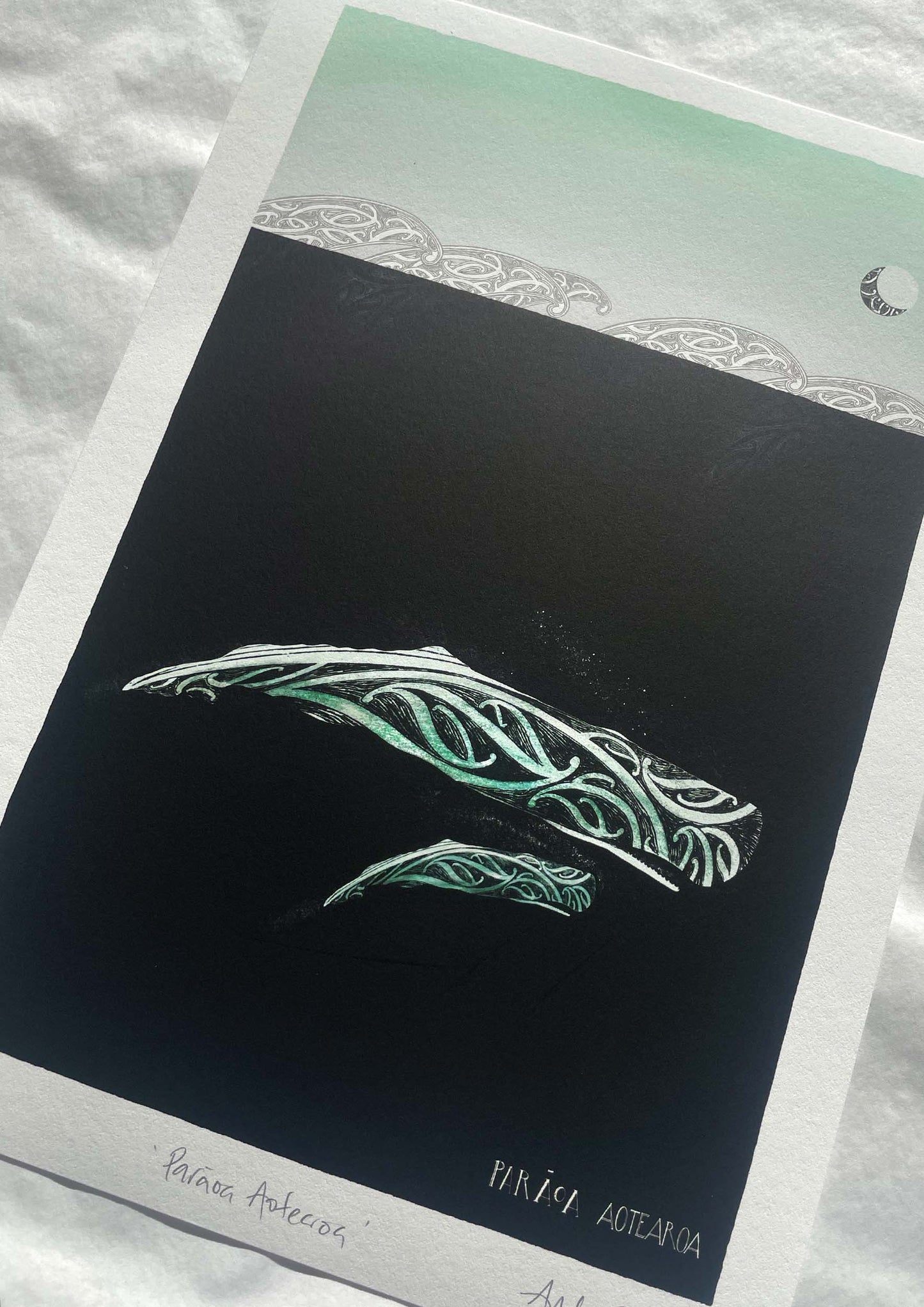 Parāoa whale print with maori art design sperm whale and calf with te reo maori. Limited edition nz art print by Amber Smith