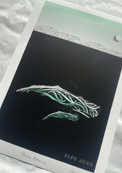 Parāoa whale print with maori art design sperm whale and calf with te reo maori. Limited edition nz art print by Amber Smith