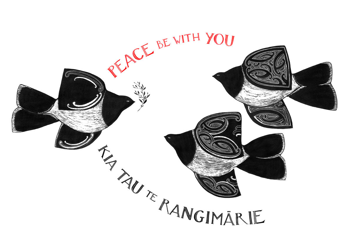 Peace be with you nz art print - Kia tau te rangimārie in te reo maori and english translation. Maori art design kereru birds. by Amber Smith nz artist.