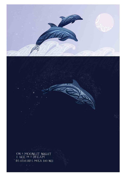 New Zealand dolphin art print, Moon Light Dolphin, featuring dolphins swimming beneath a moonlit sky, with kōwhaiwhai patterns representing connection between family and friends. Inspired by the te reo Māori song Pō Atarau.