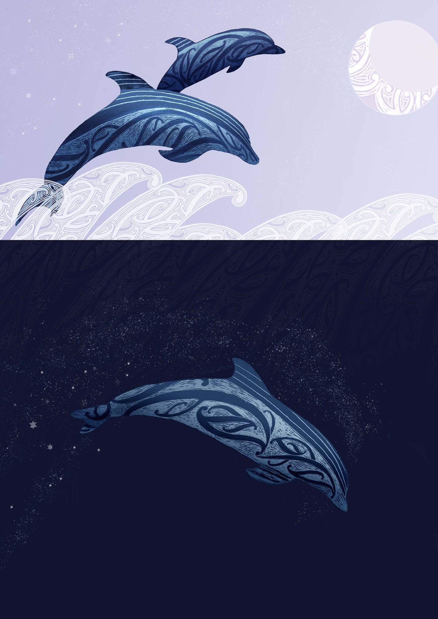 Detail of dolphin art print with maori art design elements and words from Po atarau now is the hour in te reo and english. By amber Smith nz artist