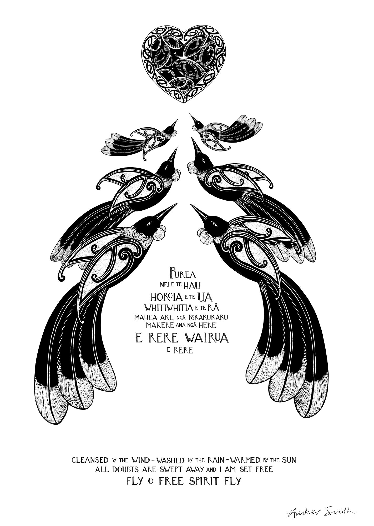Purea Nei Te Reo Māori waiata print – two birds flying amid wind, rain, and sun, symbolising the spirit being lifted and letting go of burdens.