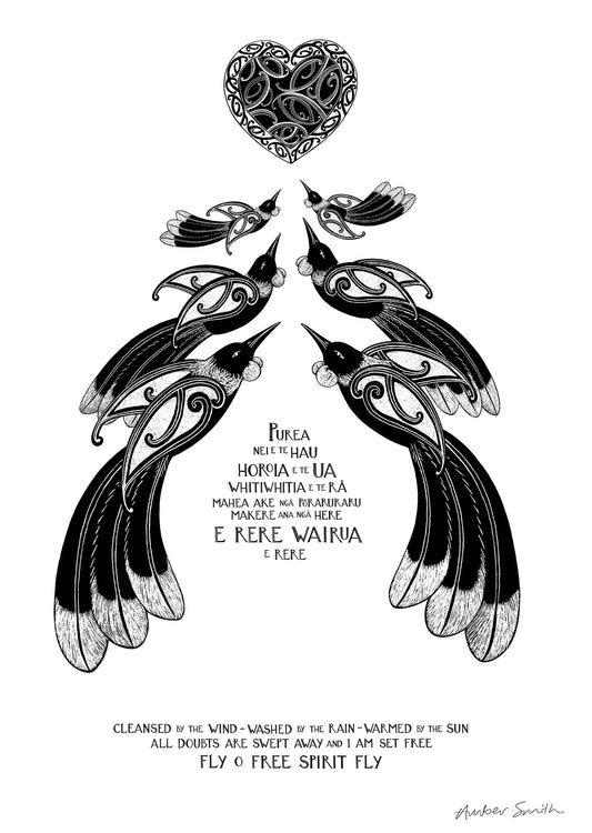 Purea Nei Te Reo Māori waiata print – two birds flying amid wind, rain, and sun, symbolising the spirit being lifted and letting go of burdens.