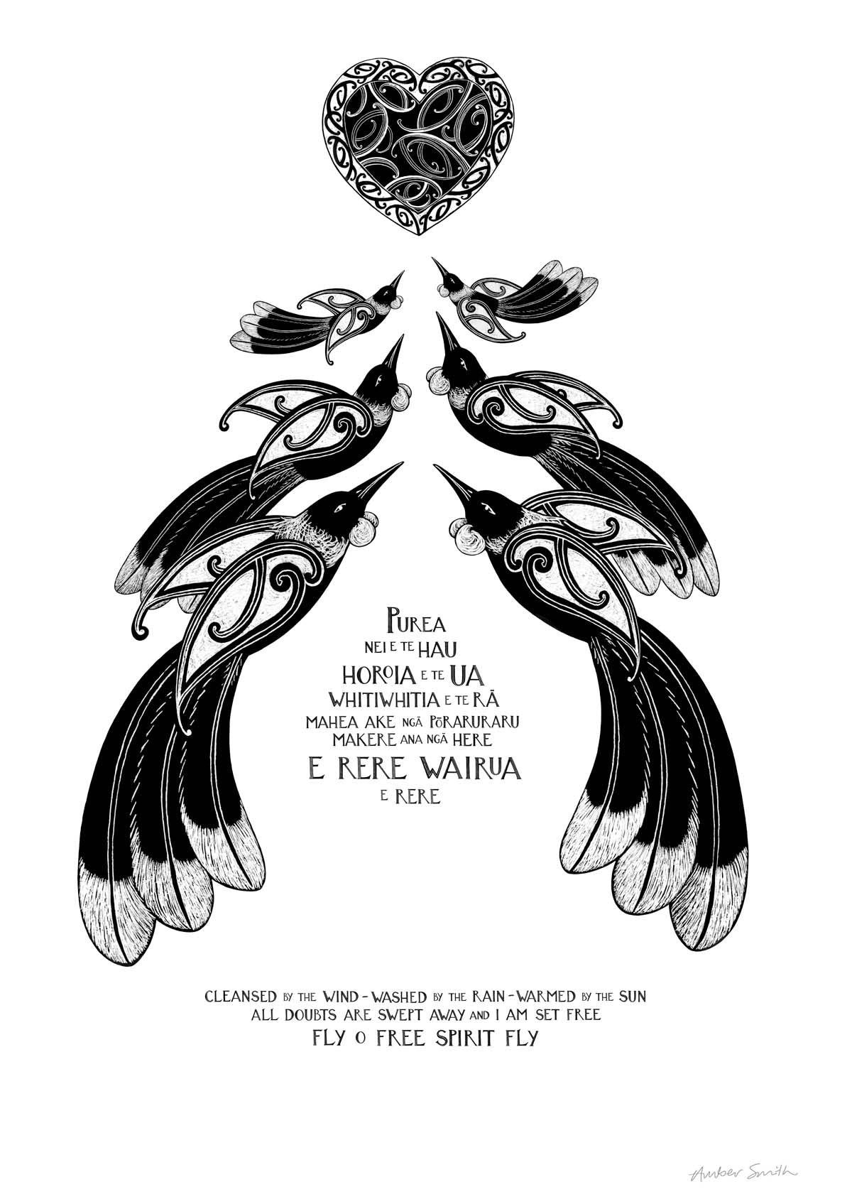Purea Nei Te Reo Māori waiata print – two birds flying amid wind, rain, and sun, symbolising the spirit being lifted and letting go of burdens.