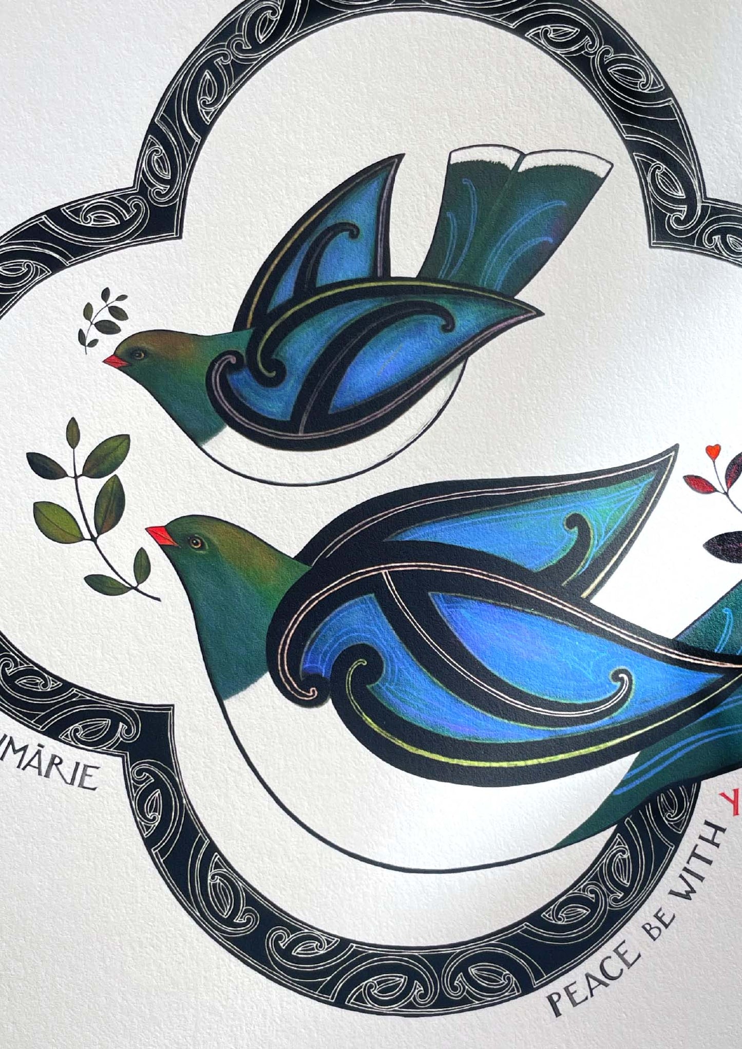 Peace be with you nz art print with maori art design and kereru birds. Kia tau te rangimarie in te reo maori and english translation. nz wall art by Amber Smith