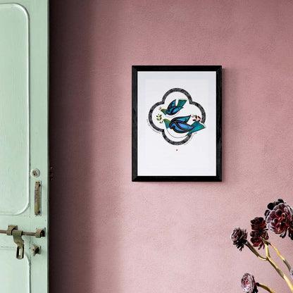 Peace be with you nz art print with maori art design and kereru birds. Kia tau te rangimarie in te reo maori and english translation. nz wall art by Amber Smith