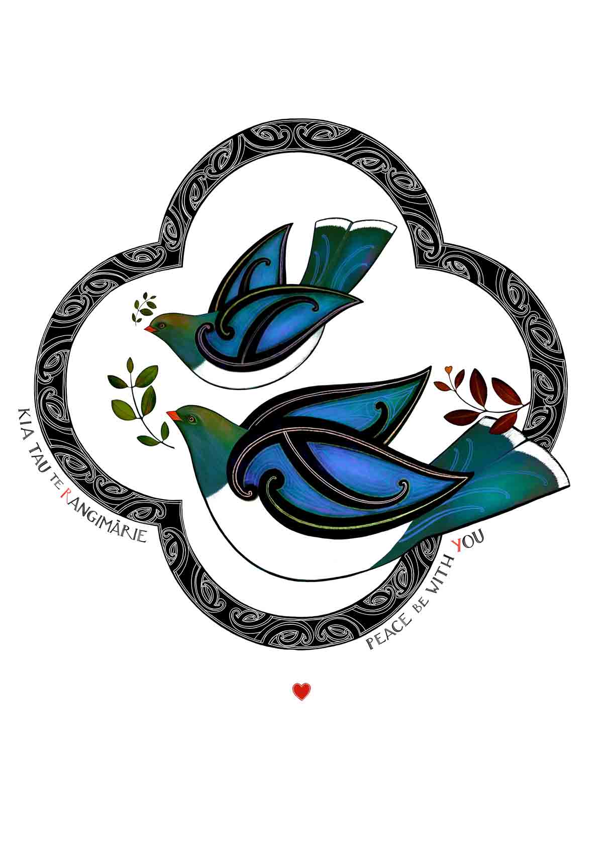 Peace be with you nz art print with maori art design and kereru birds. Kia tau te rangimarie in te reo maori and english translation. nz wall art by Amber Smith