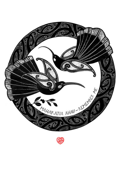 Art print with Huia birds flying within a kowhaiowhai maori art circle with the words remember me in te reo and english by nz artist Amber Smith