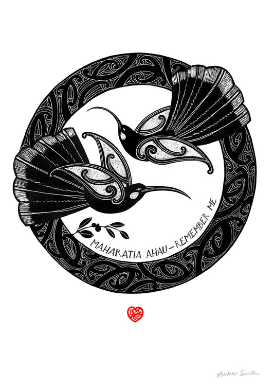 Huia art print with koru designs and the words in te re maori remember me , maharatia ahua