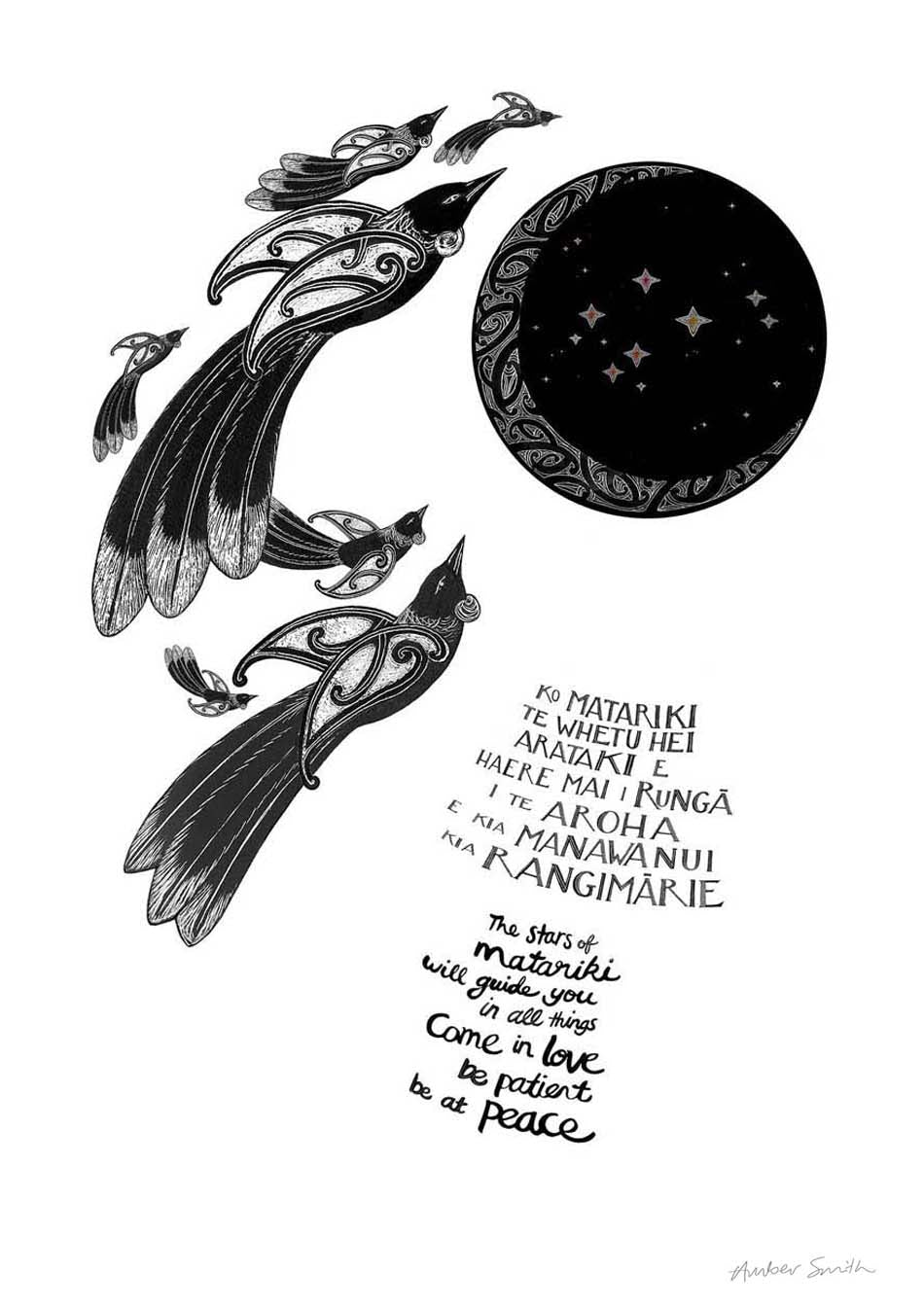 art print celebrating matariki with tui birds and maori art moon and stars