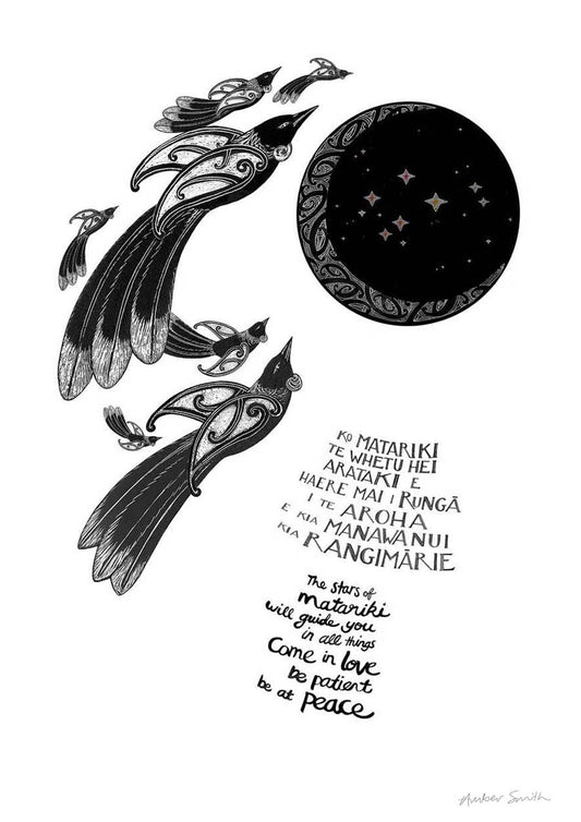 art print celebrating matariki with tui birds and maori art moon and stars