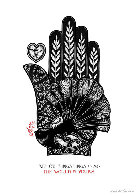 the world is yours in te reo maori with fantail piwakawaka and hamsa hand with koru design