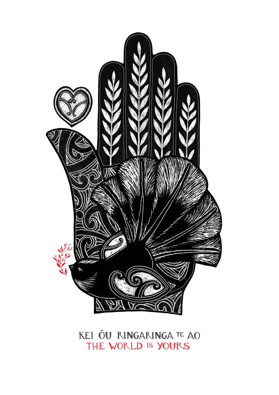 The World is Yours - Piwakawaka fantail art print. Maori art design hamsa hand. Te reo maori and english words kei ou ringaringa te ao. nz wall art by Amber Smith