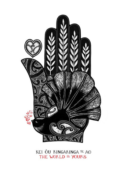 The World is Yours - Piwakawaka fantail art print. Maori art design hamsa hand. Te reo maori and english words kei ou ringaringa te ao. nz wall art by Amber Smith
