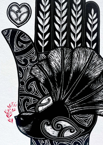 Detail of The World is Yours - Piwakawaka fantail art print. Maori art design hamsa hand. Te reo maori and english words kei ou ringaringa te ao. nz wall art by Amber Smith