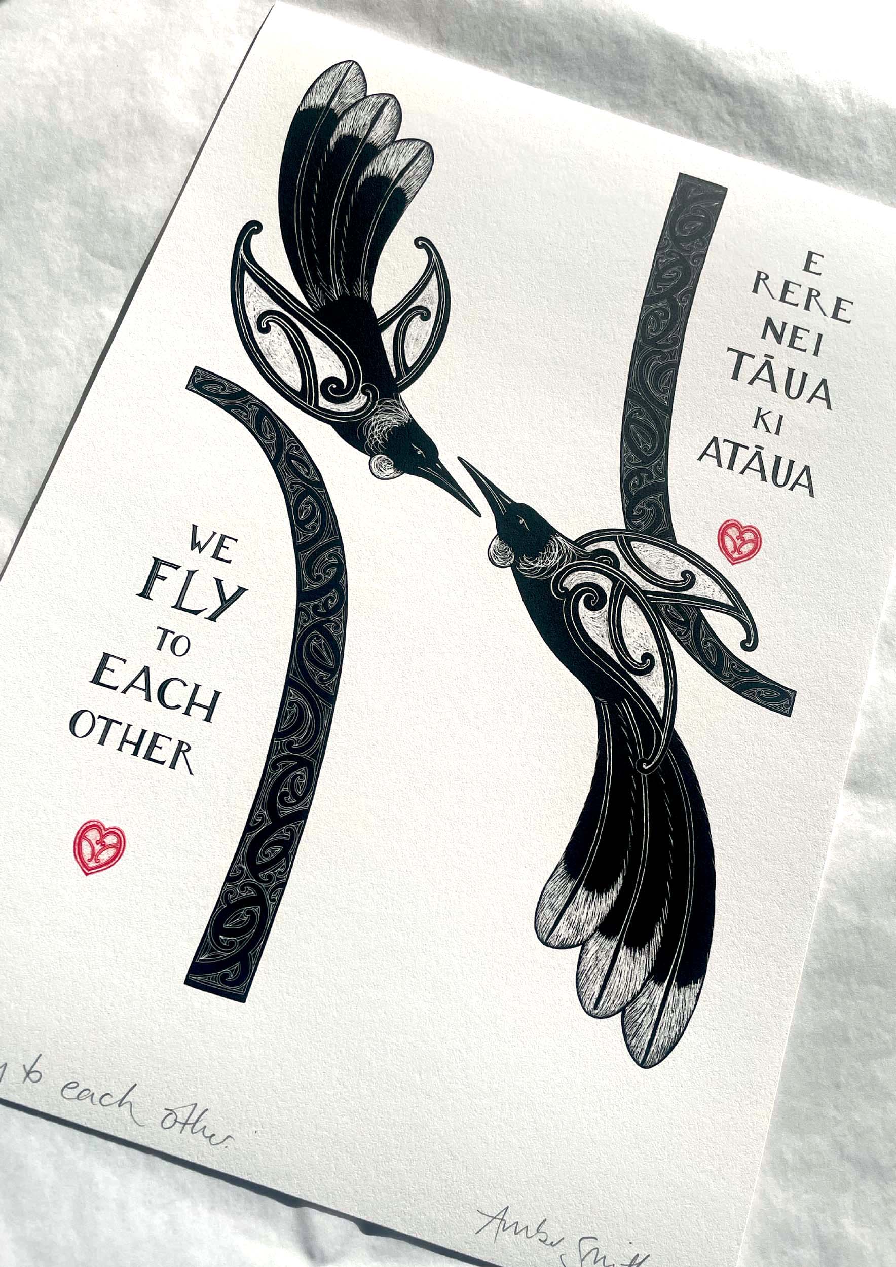 Tui art print with maori art design birds and aroha love hearts. Te reo maori and english words, we fly to each other. New Zealand art print by Amber Smith