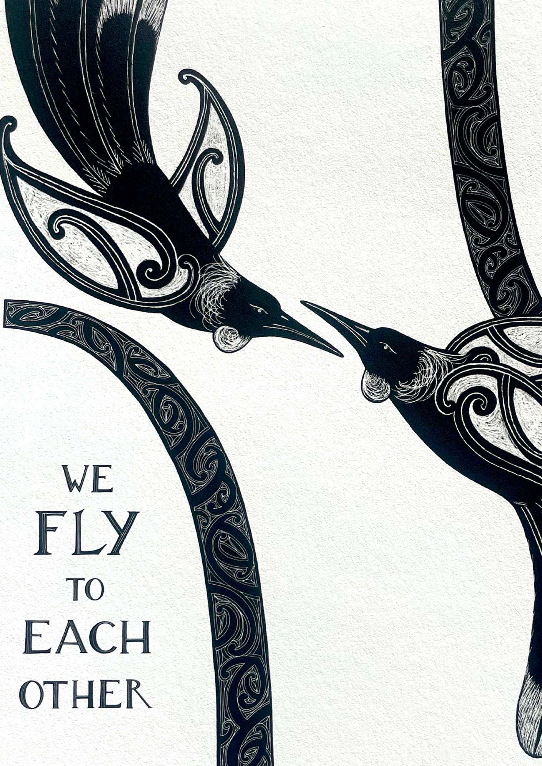 Detail of Tui art print with maori art design birds and aroha love hearts. Te reo maori and english words, we fly to each other. New Zealand art print by Amber Smith