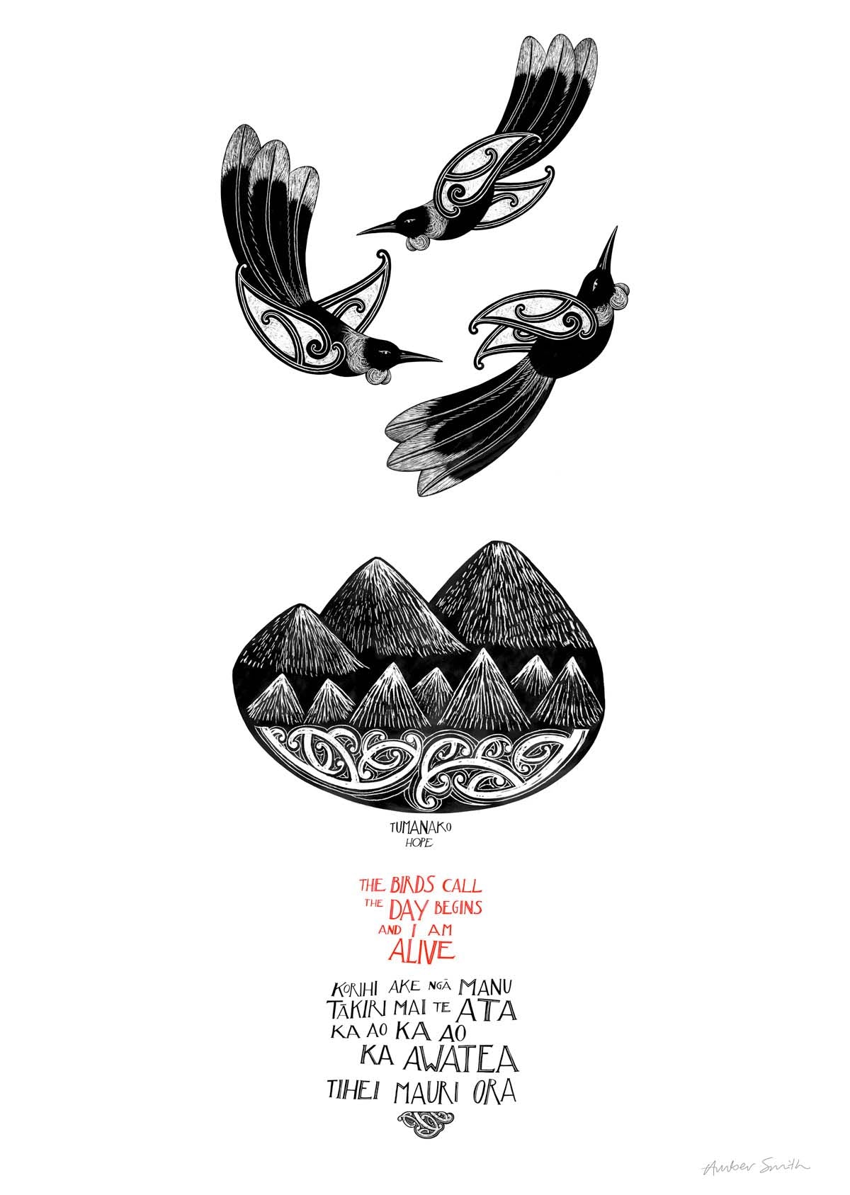 Tūmanako Hope art print – three tui birds flying above mountains and sea with Māori karakia text, black and white design