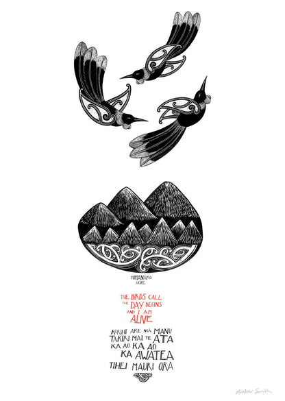 Tūmanako Hope art print – three tui birds flying above mountains and sea with Māori karakia text, black and white design