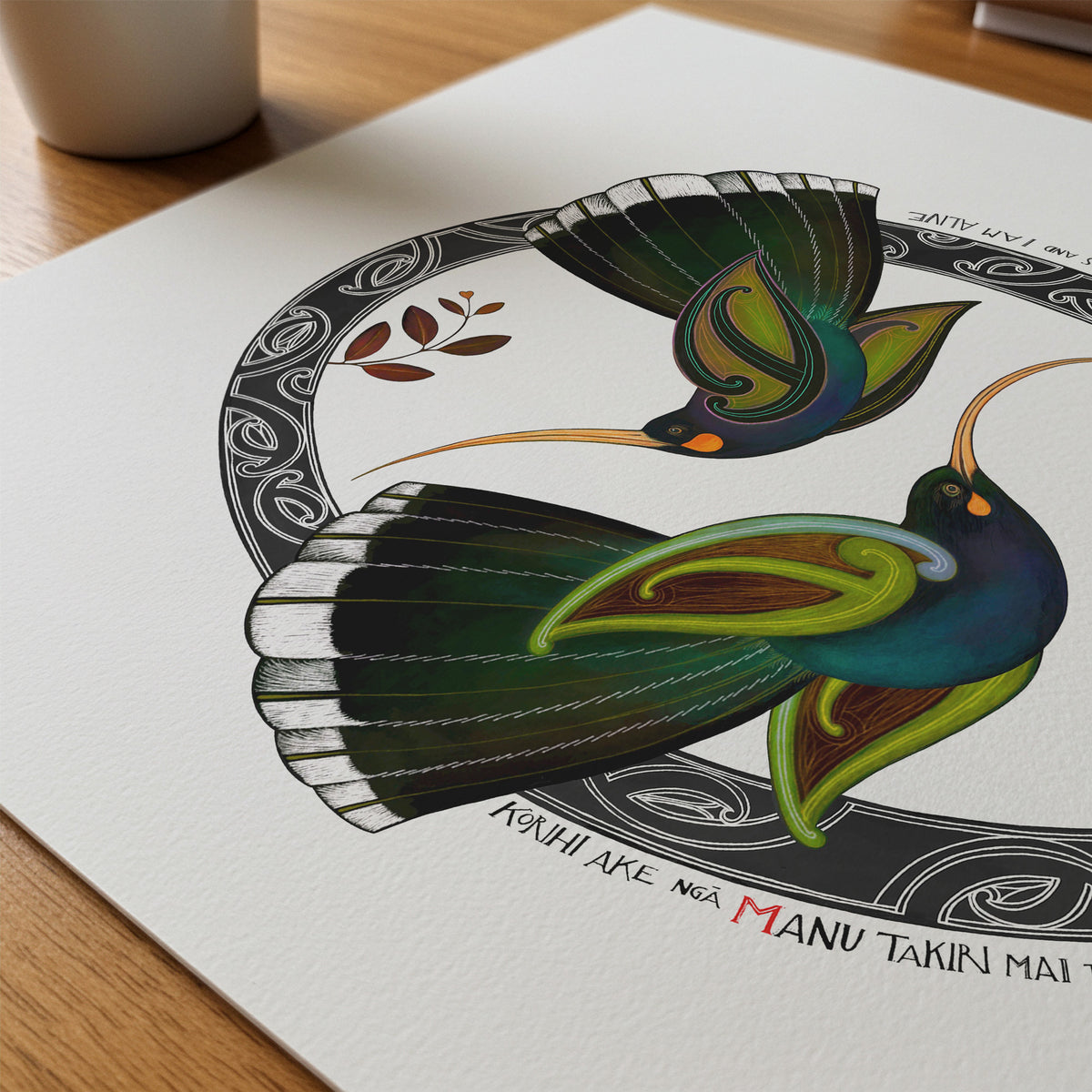 close up detail of New Zealand huia bird art print, Tūmanako – Hope, featuring two huia taking flight into the light of a new dawn, with a te reo Māori karakia about the birds calling and the day beginning.