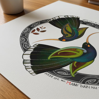 close up detail of New Zealand huia bird art print, Tūmanako – Hope, featuring two huia taking flight into the light of a new dawn, with a te reo Māori karakia about the birds calling and the day beginning.