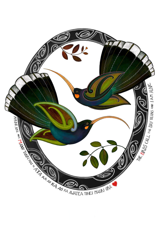 Huia nz art print by amber smith - maori art birds and kowhaiwhai oval - te reo maori and english whakatauki- maori proverb - the birds call the day begins and I am alive