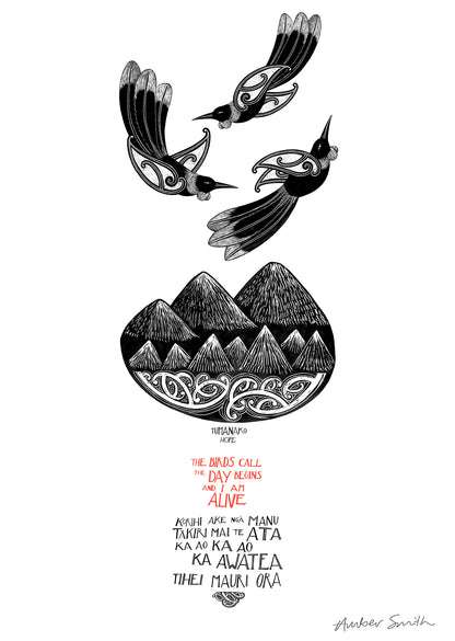Tūmanako Hope art print – three tui birds flying above mountains and sea with Māori karakia text, black and white design