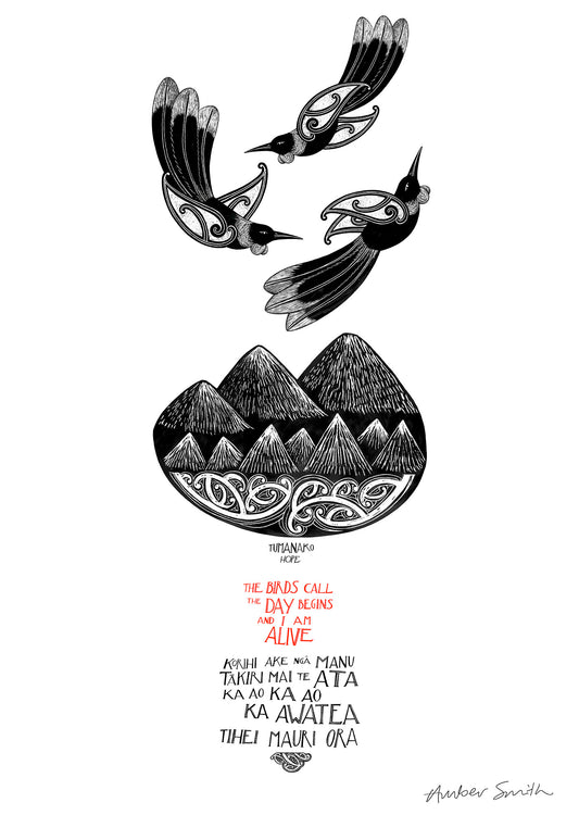Tūmanako Hope art print – three tui birds flying above mountains and sea with Māori karakia text, black and white design