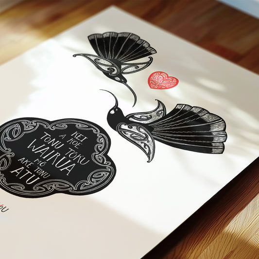 Detail of New Zealand huia bird art print, I Am There by You in Spirit – Huia Wairua, featuring a pair of huia representing a lasting spiritual connection with someone you love, even across distance or time.