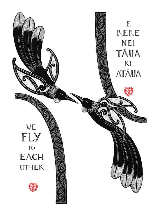 Tui art print with maori art design birds and aroha love hearts. Te reo maori and english words, we fly to each other. New Zealand art print by Amber Smith